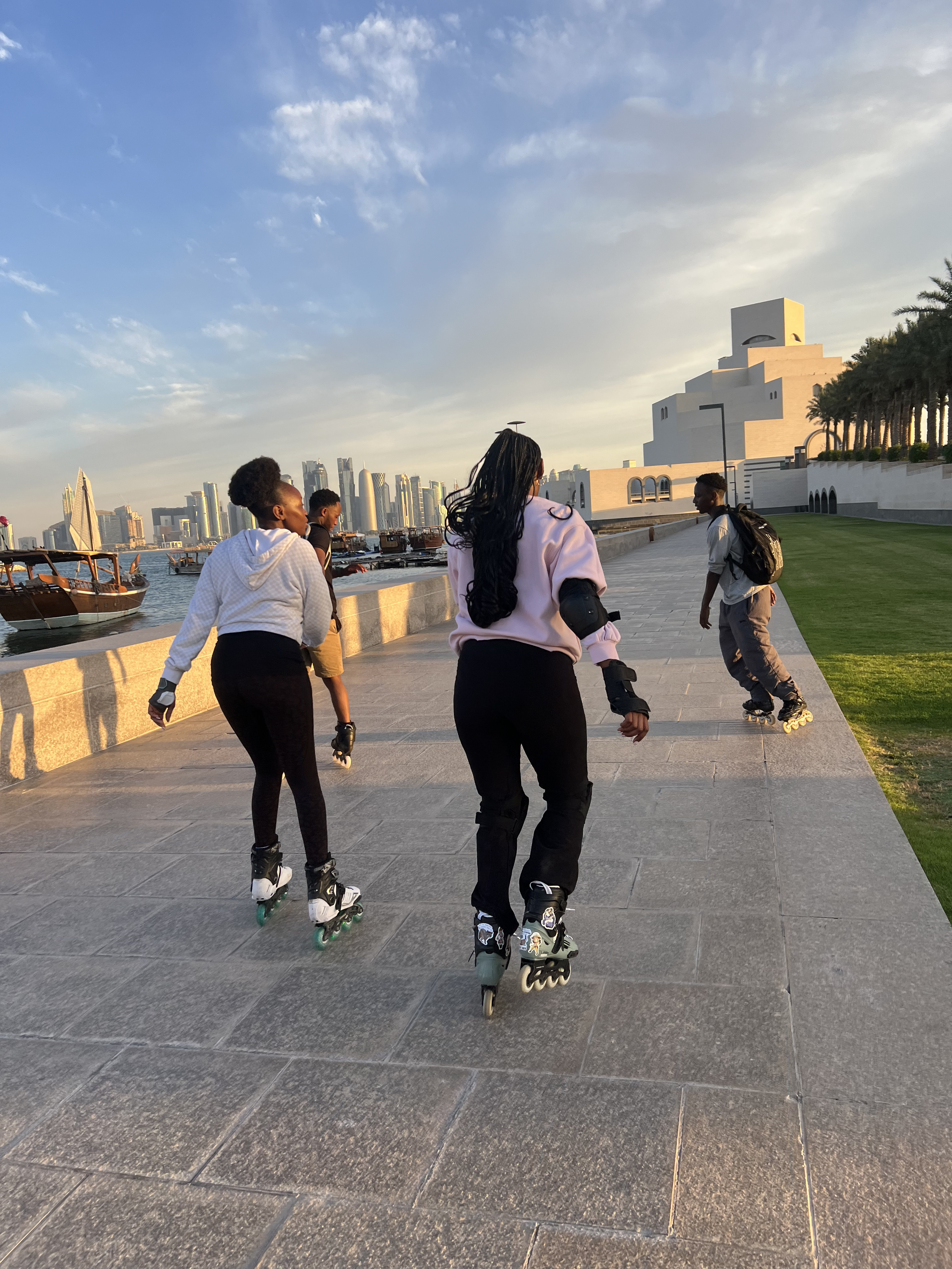 Roller skating crew at night in Qatar
